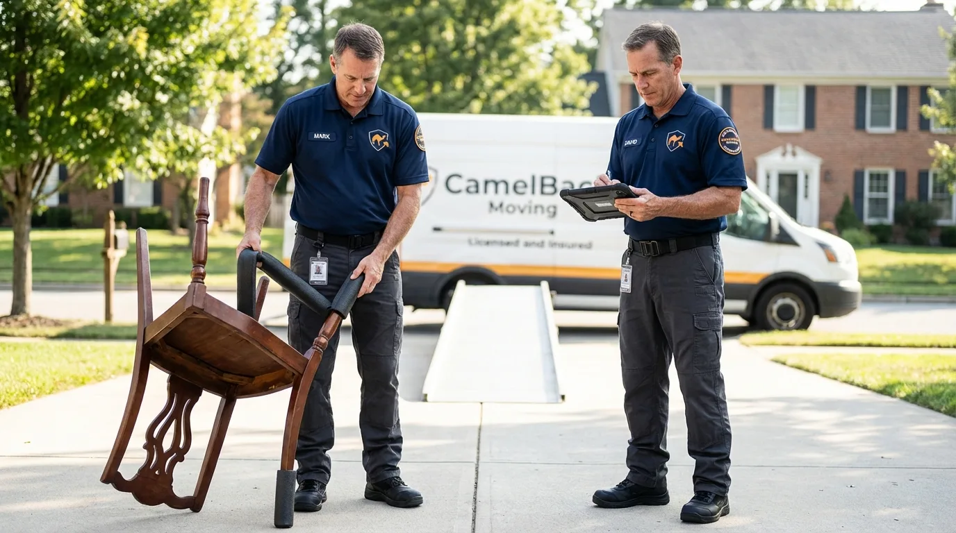 Movers inspecting furniture for damage prevention before loading in Cottonport, LA